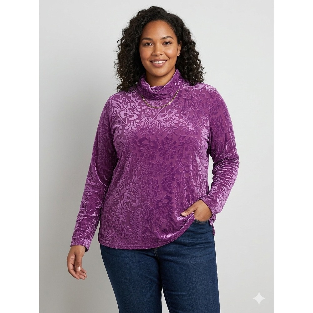 Soft Surroundings Purple Burnout Floral Velvet Cowl Neck Top‎ Rhinestone Cuff 2X